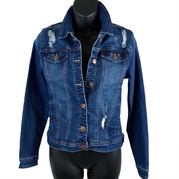 skinny Fries Jackets & Blazers - Skinny Fries distressed stretch blue denim jean jacket, size s